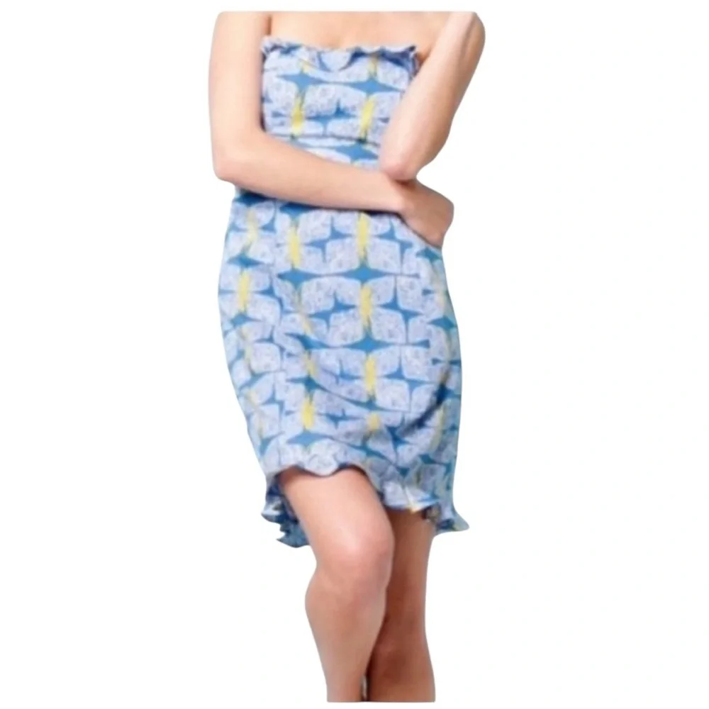 Lilly Pulitzer Franco butterfly blue yellow strapless ruffle mini dress Y2K - Picture 2 of 12